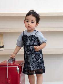 DAZY 女婴韩版蕾丝边休闲二合一连衣裙 - 灰色 - 查看 4