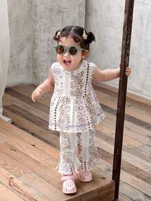 DAZY Baby Girl Casual Floral Print Sleeveless Shirt And Pants Set, Summer - Apricot - View 3