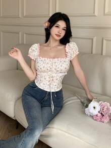 Celisse 女士甜美碎花荷叶边花瓣袖衬衫，夏季 - 杏色 - 查看 4