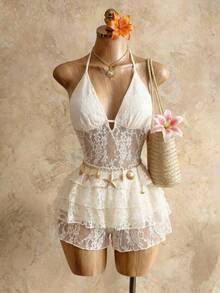 Mistrie Lace Cake Tie-Up Sexy Halter Jumpsuit Romper For Women, Spring/Summer - Apricot - View 3