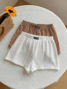 Comfortcana 2件套100%纯棉女士字母提花阔腿短裤套装，夏季短裤 - 彩色 - 查看 5