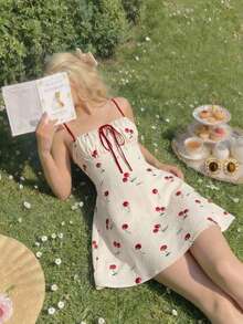 SHEIN MOD Cherry Blossom Print Ruched Bust Cami Dress, Spring,Tea Party Dress,Cherry Dress Women,Spring/Summer Outfits,Tea Party Dress, Carnival Costume, Beach Dress ,Cute Dress, Going Out ,Summer Dress - Multicolor - View 3