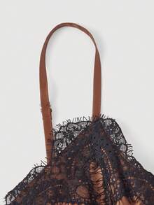 SHEIN MOD Vestido largo de satén elegante con cuello en V de encaje y abertura lateral para mujeres, ideal para citas - Marrón - Ver 5