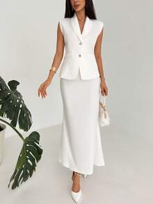 Aloruh New Minimalist Sexy Fashion Commuter Golf Twist Waist Cardigan Vest And Fishtail Skirt Set, Versatile For Party, Music Festival White Summer - Beige - View 3