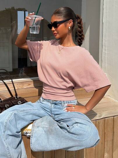 Muchica Women's Striped Print Round Neck Short Sleeve Top