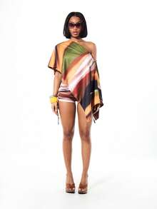 SUMWON WOMEN 抽象印花露肩不对称垂褶上衣，鲜艳多色图案，夏季海滩度假休闲装 - 彩色 - 查看 3