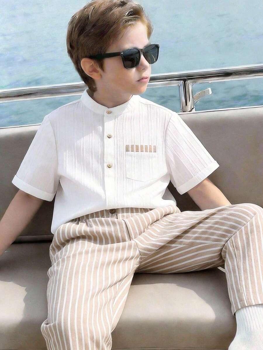 SHEIN 2件套儿童/青少年男童休闲日常舒适立领开襟宽松短袖条纹衬衫和裤子套装