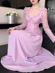 DAZY Spring&Summer Lavender Pink Lace Dress,Elegant Wedding Party,Autumn Banquet Fashion Event,Slim Fit Sheer Mesh Patchwork Full Skirt Long Dress Women - Purple - View 6