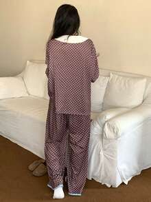 DAZY Cute Polka Dot Print Contrast Color Peter Pan Collar Women Pajama Set - Coffee Brown - View 2
