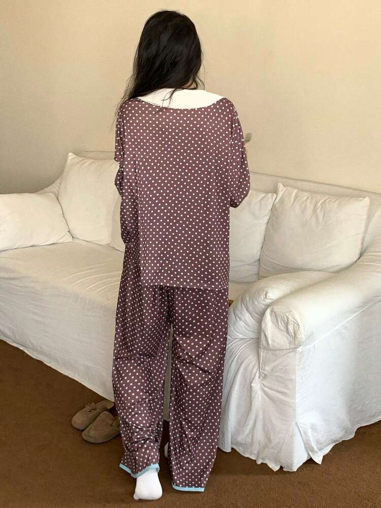 Cute Polka Dot Print Contrast Color Peter Pan Collar Women Pajama Set