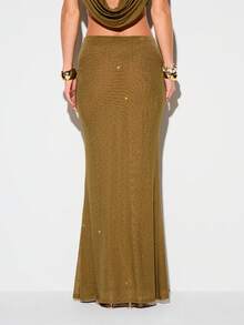 KIZN Falda larga ajustada de noche con abertura lateral, con escamas y tachuelas de strass en color verde oliva - Verde - Ver 3