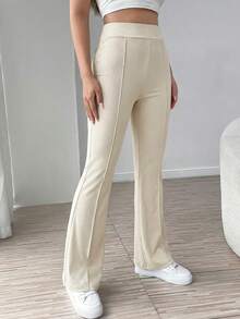 SHEIN EZwear 女士杏色弹力腰带缝线细节喇叭裤，春夏款 - 杏色 - 查看 4