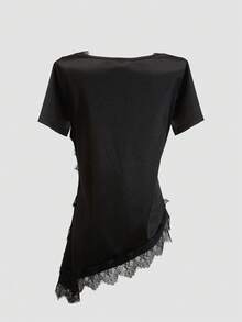 Opuloom Women's Fashionable & Elegant Ruffled Collar Lace Trim Camisole, Suitable For Valentine's Day, Wedding, Holiday, Casual Outing, Party, With Asymmetrical Hem And Stretchy Fabric Asymmetrical Top Blouse And Pants Set Black And White Top Asymmetrical Blouse Black Top White Pants - Black - View 2