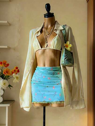 Bluhae Women's Casual Floral Print A-Line Skirt