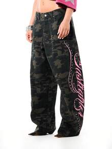 SUMWON WOMEN Women's Camouflage Wide Leg Barrel Jeans With Pink Script Graphics And Studded Detailing Relaxed Fit Slouchy Denim - Army Green - View 4