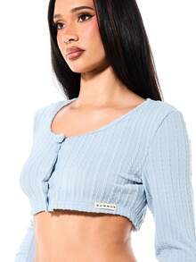 SUMWON WOMEN Women's Long Sleeve Ribbed Knit Cardigan And Shorts Lounge Co-Ord Set With Button Through Front - Baby Blue - View 6