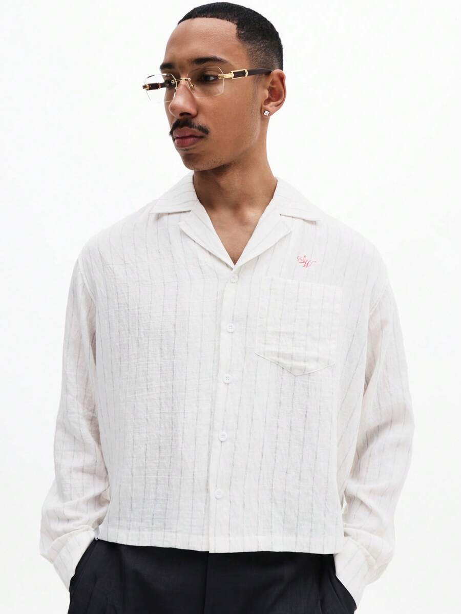 SUMWON Men's Long Sleeve Crop Fit Striped Button Up Shirt With Open Collar For Spring Summer Casual Wear - Black and White - View 1