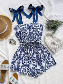 Soleia Combinaison courte à imprimé floral coloré pour femmes, convient pour la plage, les festivals de musique, le style hippie, les fêtes, les rendez-vous, le thé de l'après-midi - Bleu et Blanc - Voir 5
