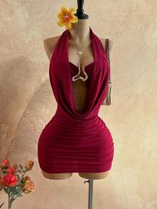 Soleia 女士纯色深V领无袖露背修身迷你连衣裙，夏季 - 紅色 - 查看 4