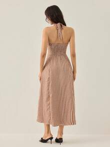SHEIN ChicEase Đầm ôm dáng, cổ chữ V sâu, thắt eo, họa tiết kẻ caro dành cho nữ. - màu nâu - Xem 2