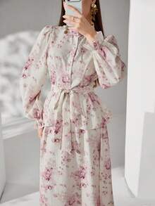 Modelyn 女士花卉印花前扣腰带长袖上衣和半裙两件套，优雅女装 - 彩色 - 查看 7