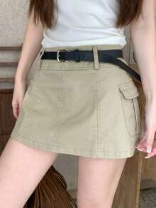 DAZY Women's Summer Casual Street Style Minimalist Solid Color Flap Pocket Skirt, Belt Not Included - Khaki - View 6