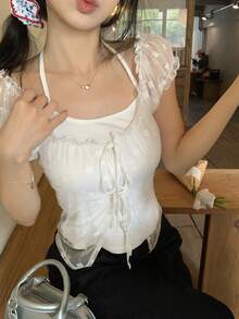 DAZY Women's Floral Print Camisole & Ruffle Trim 2 Pieces Set - White - View 7