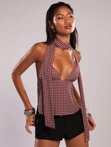 SHEIN BAE Cherry Red Plaid Spring Vacation Countryside Sweet Ribbon Backless Camisole/Spring Vacation/Plaid Camisole Top/Casual Top/Cute Camisole/Commute Casual Top/Ibiza/Summer Top,Vacation Tops, Casual Tops, Summer Tops, Red Tops, Party Tops, Holiday Tops, Lace Tops.Summer Outfit For Women. Y2K Tops,Going Out Tops For Women,Casual Top For Women,Sexy Tops - Pink - View 6
