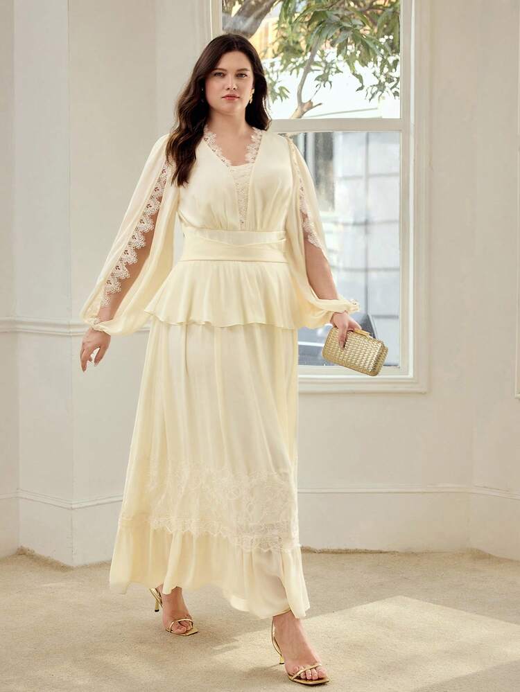 PLUS SIZE WOMEN'S ROMANTIC LACE PATCHWORK SPLIT LANTERN SLEEVE DRESS