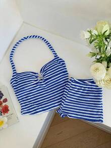 Comfortcana Bộ đồ nữ mùa hè thoải mái đi biển, họa tiết kẻ sọc, áo yếm nhún bèo và quần short. - Xanh đậm - Xem 3