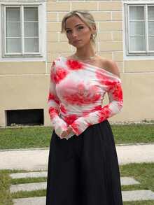 Jeta Ari Women Asymmetrical Hem One Shoulder Spring/Summer T-Shirt - Hot Pink - View 5