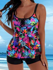 Swim Lushoire 女士休闲圣诞沙滩派对印花比基尼两件套泳衣套装，大码沙滩装，热带风情泳装，夏威夷风情上衣，女士吊带背心，大码热带风情上衣 - 彩色 - 查看 5
