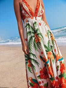 Travachic Women's Tropical Print Maxi Deep V Neck Dress, Vacation,Women's Dresses, Tropical Vacation, Bohemian Outfits, Ibiza Outfits, Western Style - Multicolor - View 7