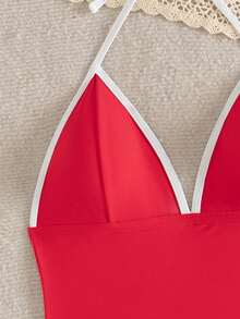 Swim SPRTY Women's Summer Beach Patchwork Halter Tie Fashionable Tankini Swimwear Set - Red and White - View 6