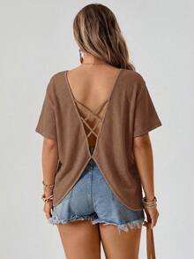 Freevana Plus Size Waffle Knit Batwing Sleeve T-Shirt - Brown - View 2