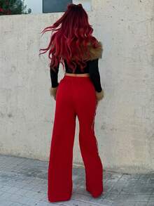 Bearsaez Women's Daily Wear Athleisure New Year Leopard Baggy Straight Pants - Red - View 2