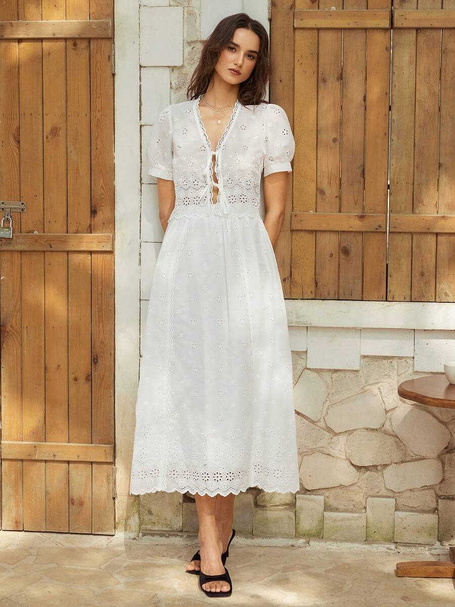 Gaivellea 女士春夏法式优雅度假套装，白色刺绣镂空系带上衣和松紧腰中长裙两件套 - 白色 - 查看 1