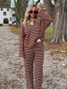 Jeta Ari Women's 2pcs Set Loose Striped V-Neck Drop Shoulder Long Sleeve T-Shirt &Elastic Waist Striped Pants, Winter Sweater Suit ,Autumn/Winter Christmas Red New Year 2 Pieces Lounge Sets Woman Two Pieces Set Women Comfy Lounge Wear Striped Set, Christmas Pajamas Family,Fall,Fall Clothes For Women Casual Spring Valentine's Day - Red - View 4