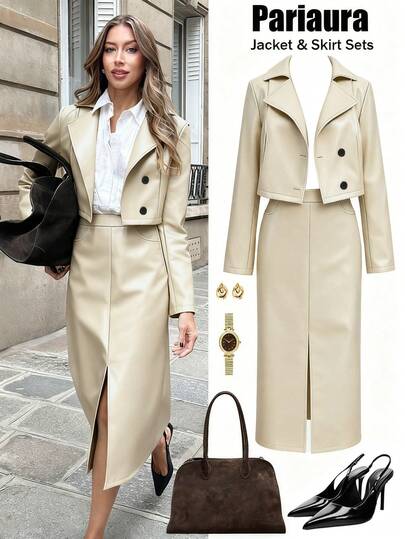 Pariaura Women's Solid Color PU Leather Lapel Collar Single-Breasted Jacket And Split Hem Skirt Fashion 2 Pieces Set