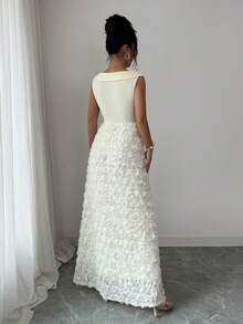 Elenzga Đầm lưới hoa 3D trễ vai, xếp ly eo dành cho nữ - Màu be - Xem 2