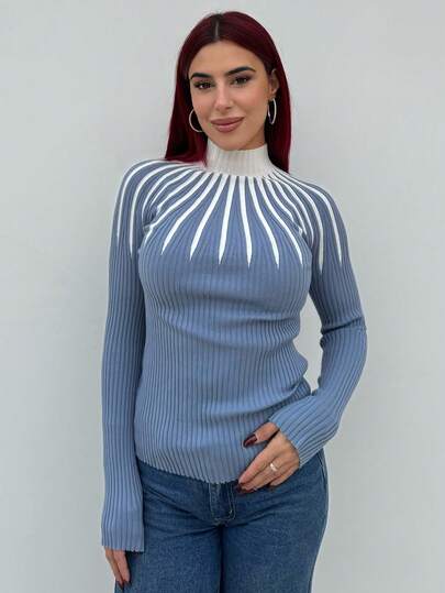 Bearsaez 休闲撞色条纹立领修身毛衣，秋冬季