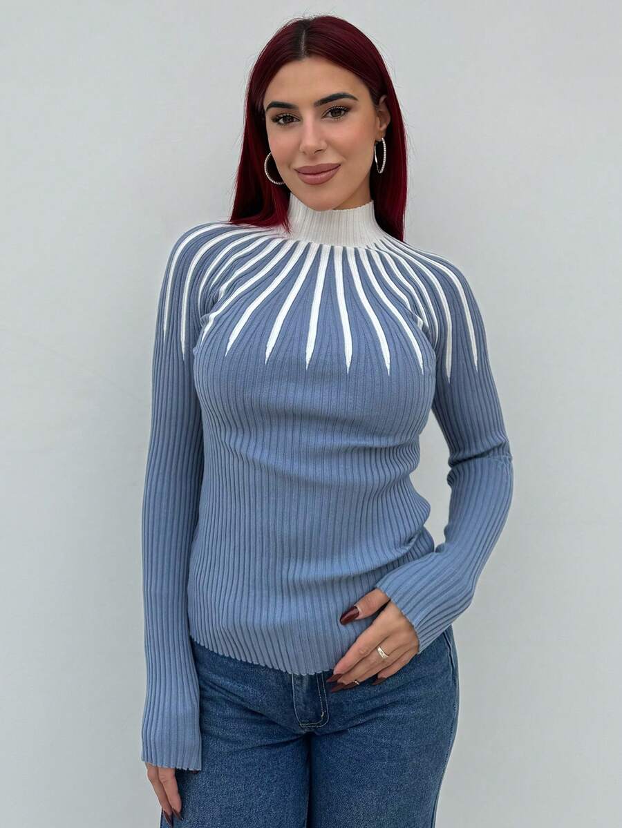 Bearsaez Casual Contrast Stripe Stand Collar Slim Fit Sweater, Autumn/Winter - Dusty Blue - View 1