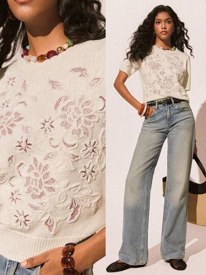 Poéselle 女士休闲印花圆领短袖针织上衣