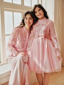 Anewsta 女童长袖薄纱荷叶边珍珠公主裙，粉色，春夏款 - 粉色 - 查看 8