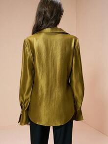 Arave Women's Shirt, Satin Textured Fabric, Fitted Design, Lapel Collar, Shell Buttons, Slightly Flared Long Cuffs, Metallic Sheen. Elegant For Dates, Everyday Commutes. Luxury Women's Blouses. - Mustard Yellow - View 4
