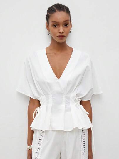 Maija Outfit Deas For Women's V-Neck Pleated Blouse, Waist Gathered, Urban Casual Comfortable Versatile Summer Festival Beach Outfits For Women  Casual Blouses For Women Flower Graphic Peplum Tops Cinched Waist Top Blouse With Garterized Waist For Women Womens Summer Outfit Womens Tops And Blouses Latest Tops For Women New Arrivals Peplum Tops With Sleeve