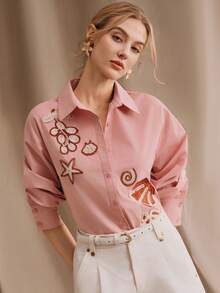 Anewsta 宽松女式衬衫，粉色泡泡袖，饰有3D海星图案 - 粉色 - 查看 6