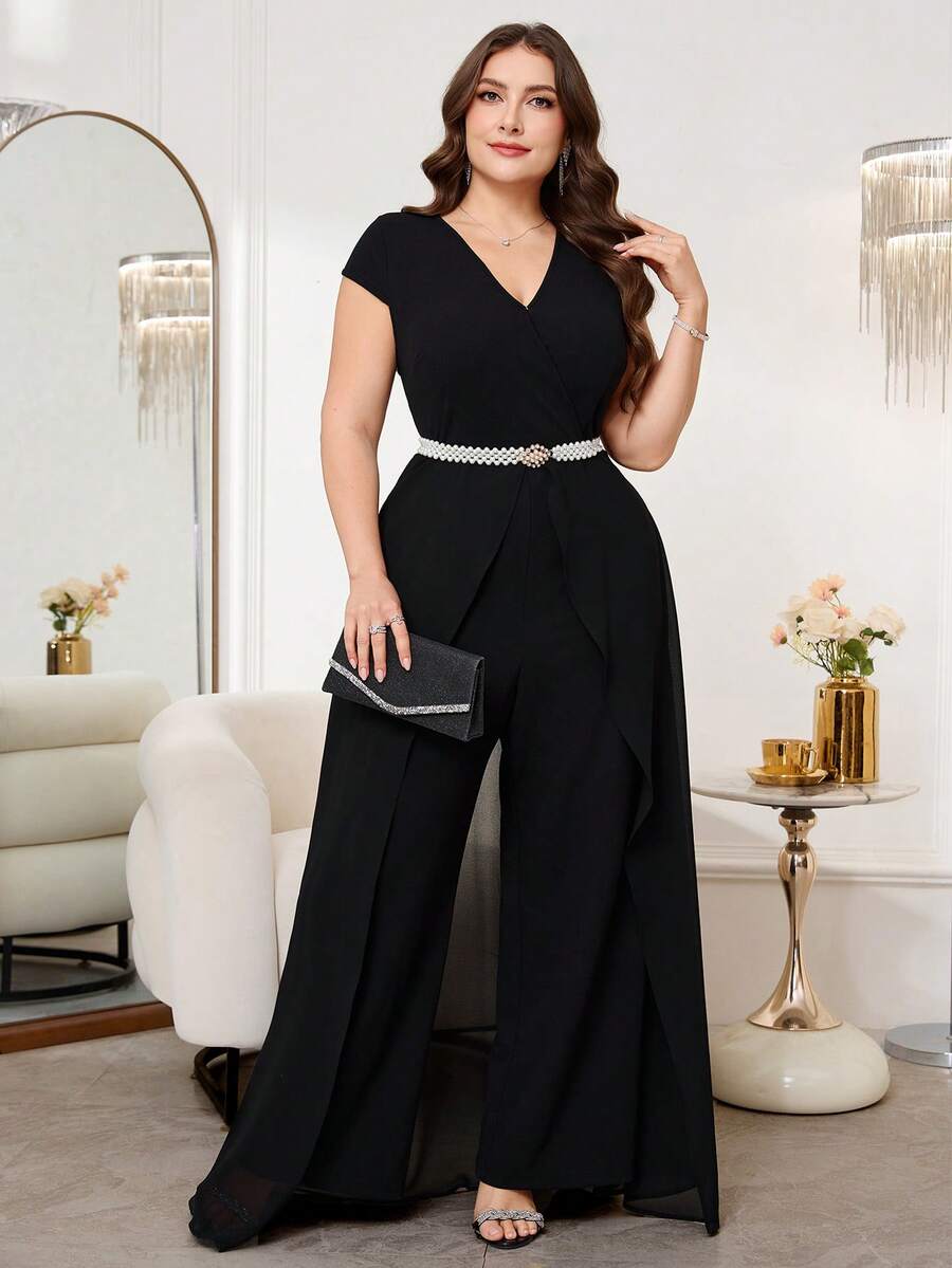 SHEIN Clasi 大码女式优雅简约纯色V领蝙蝠袖露背阔腿连体裤，不含腰带，春夏款 - 黑色 - 查看 1