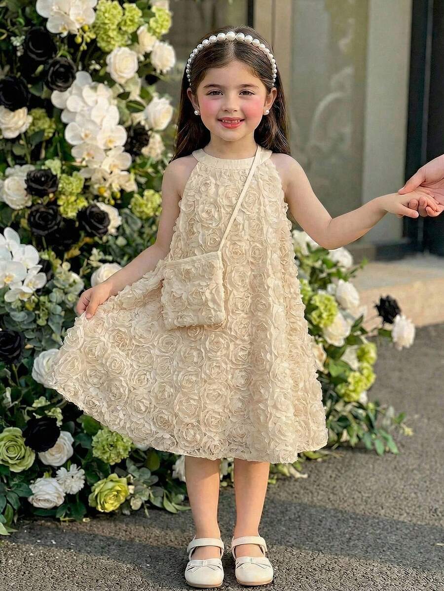 SHEIN 年轻女孩夏季优雅碎花宽松露背连衣裙，搭配斜挎包，度假风 - 杏色 - 查看 1