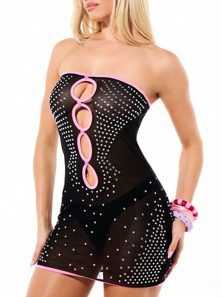 SUMWON WOMEN Womens Strapless Bodycon Mini Dress With Rhinestone Hotfix Cut Out Details Pink Contrast Binding Mesh Panels Party Club Night Out